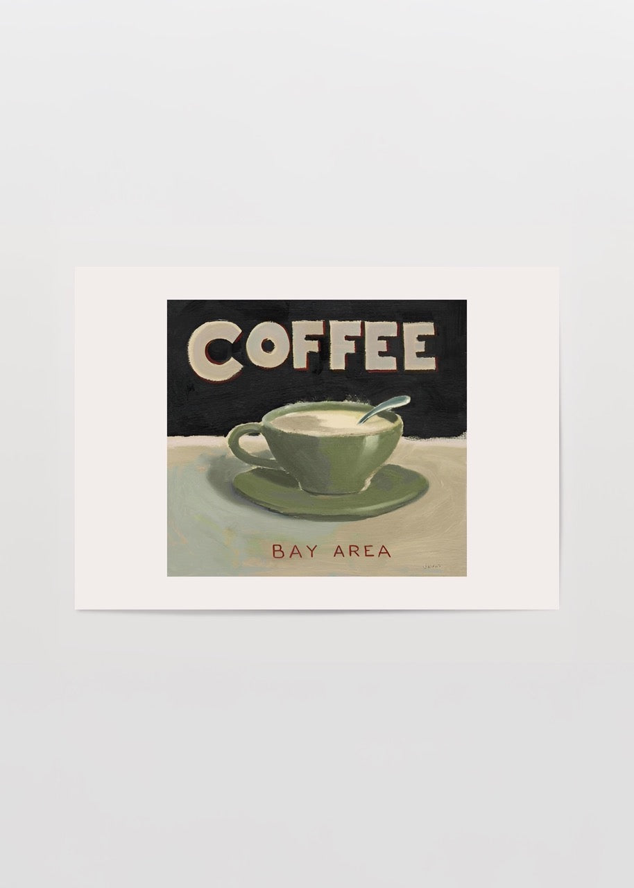 Artwork featuring a retro green coffee cup with the word &