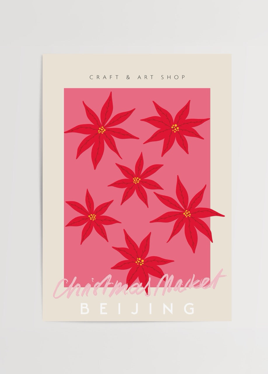 Vibrant red poinsettias on pink background wall art