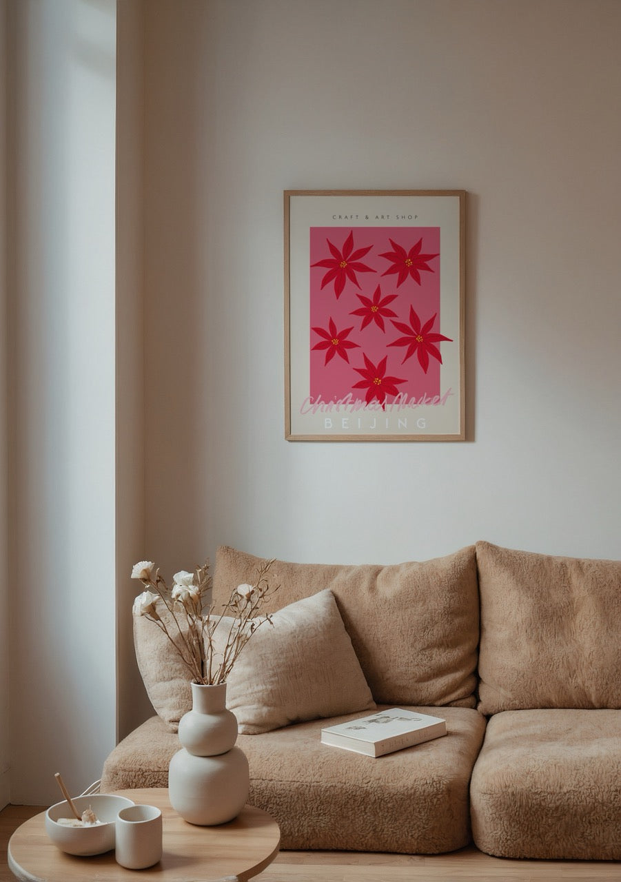 Vibrant red poinsettias on pink background wall art