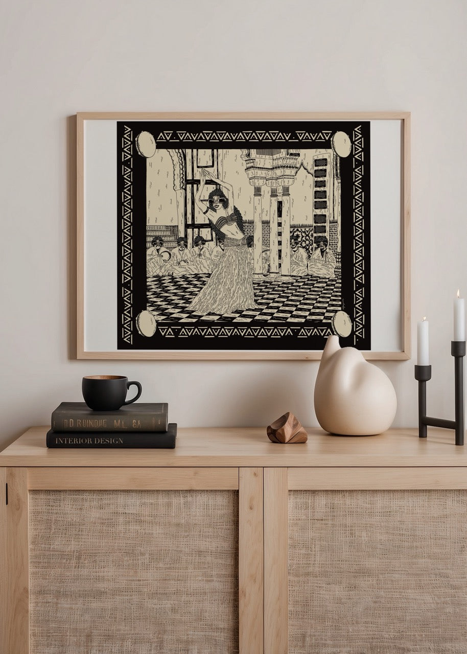 Stylized illustration of a belly dancer against a detailed backdrop, perfect for wall art.