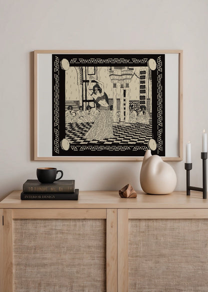 Stylized illustration of a belly dancer against a detailed backdrop, perfect for wall art.