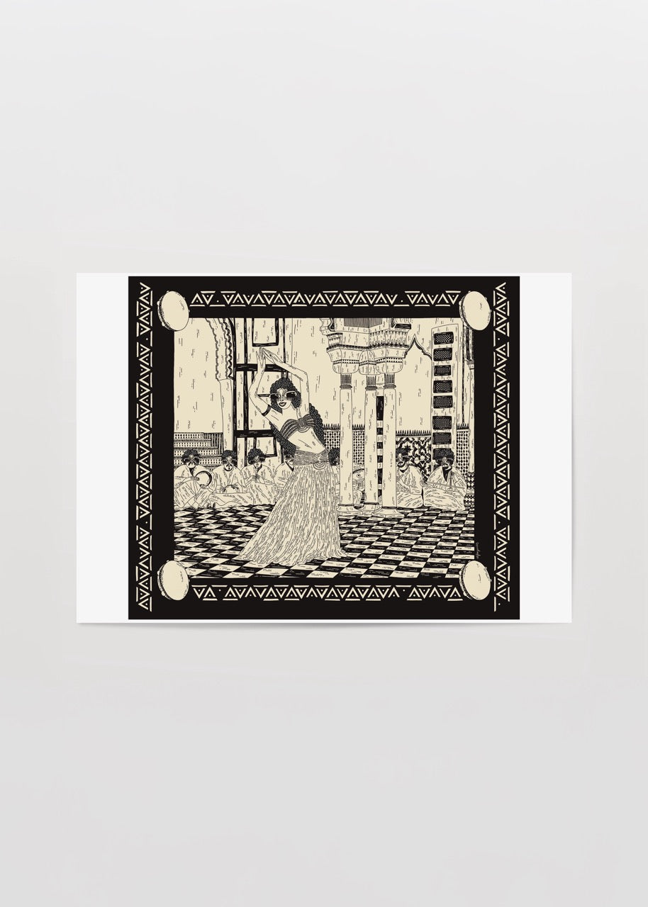 Stylized illustration of a belly dancer against a detailed backdrop, perfect for wall art.