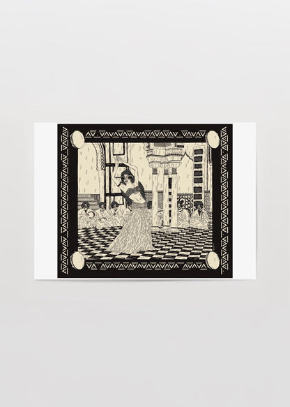 Stylized illustration of a belly dancer against a detailed backdrop, perfect for wall art.