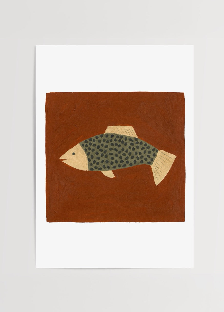 Artistic illustration of a spotted fish on an earthy background.