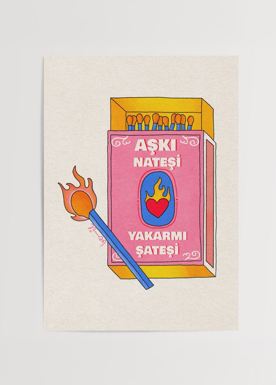 Vibrant poster print featuring a matchbox with a heart and flames, symbolizing love.