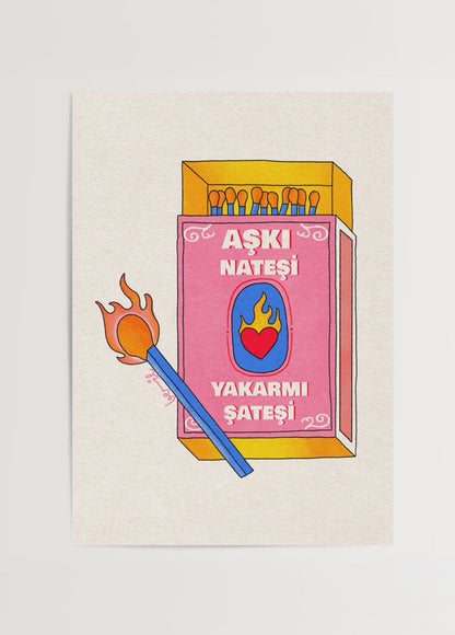 Vibrant poster print featuring a matchbox with a heart and flames, symbolizing love.