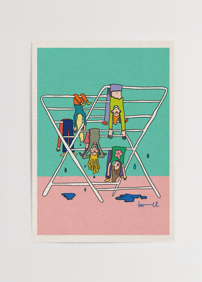 Whimsical poster print featuring playful characters on a drying rack.