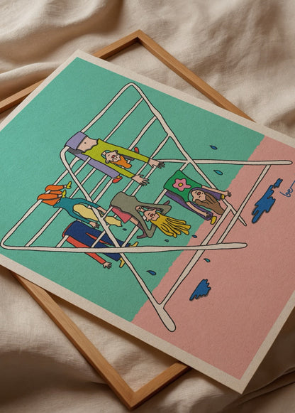 Whimsical poster print featuring playful characters on a drying rack.