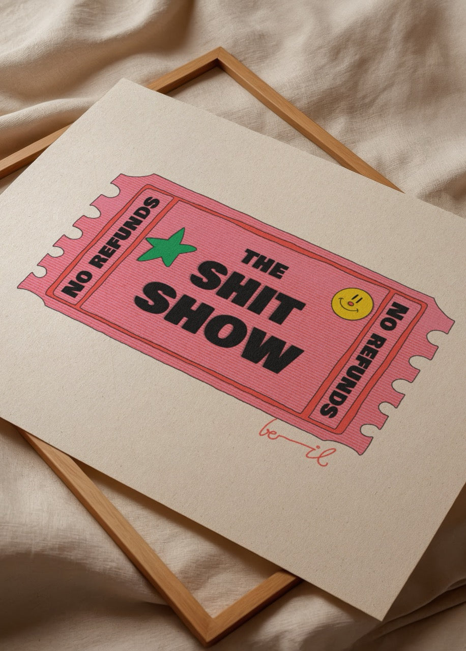 Vibrant illustration of a ticket with the text &