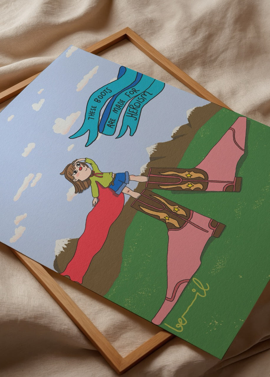 A whimsical poster featuring oversized boots and a playful character standing on a colourful landscape.