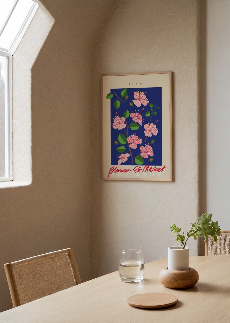 Vibrant floral illustration with pink flowers on a blue background.