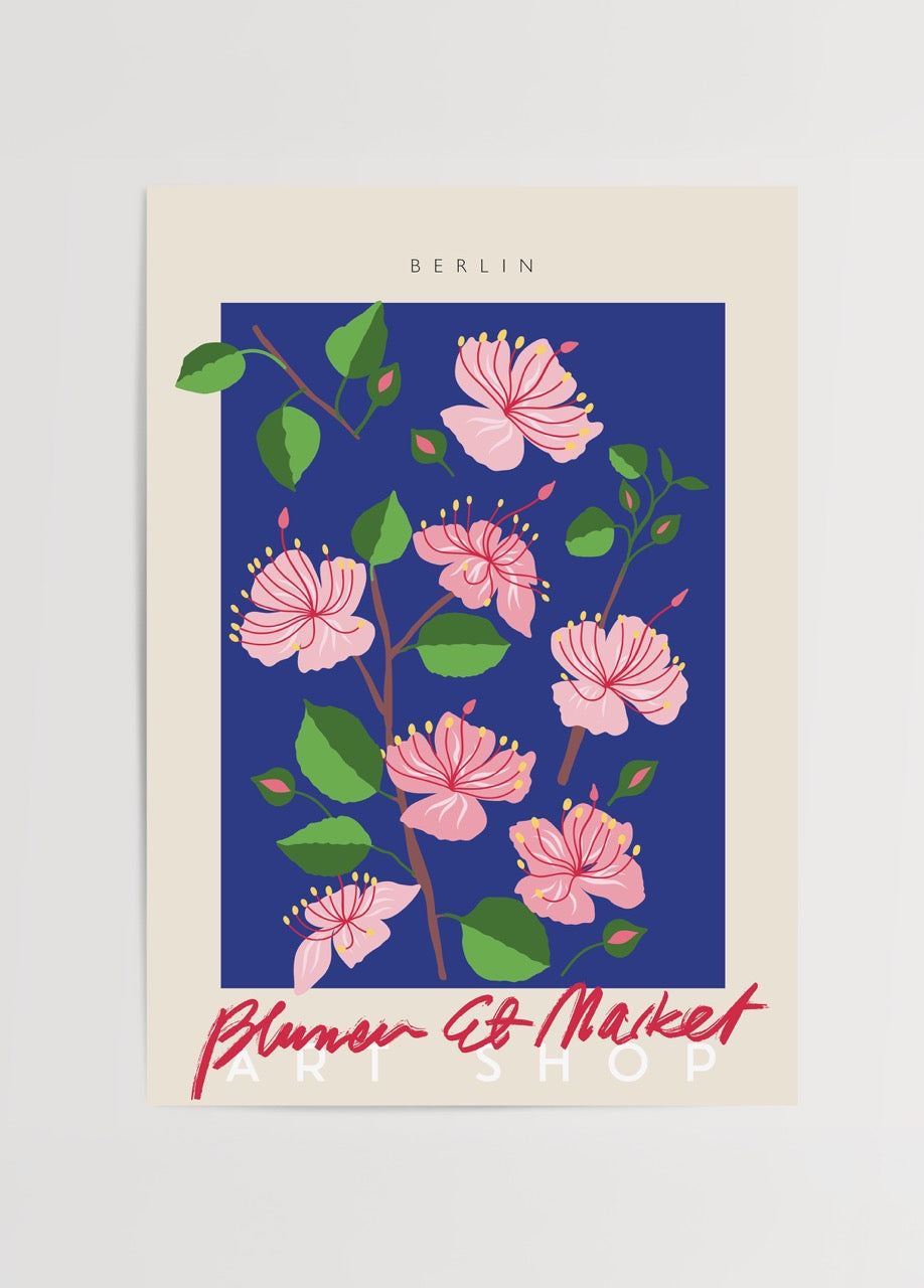Vibrant floral illustration with pink flowers on a blue background.