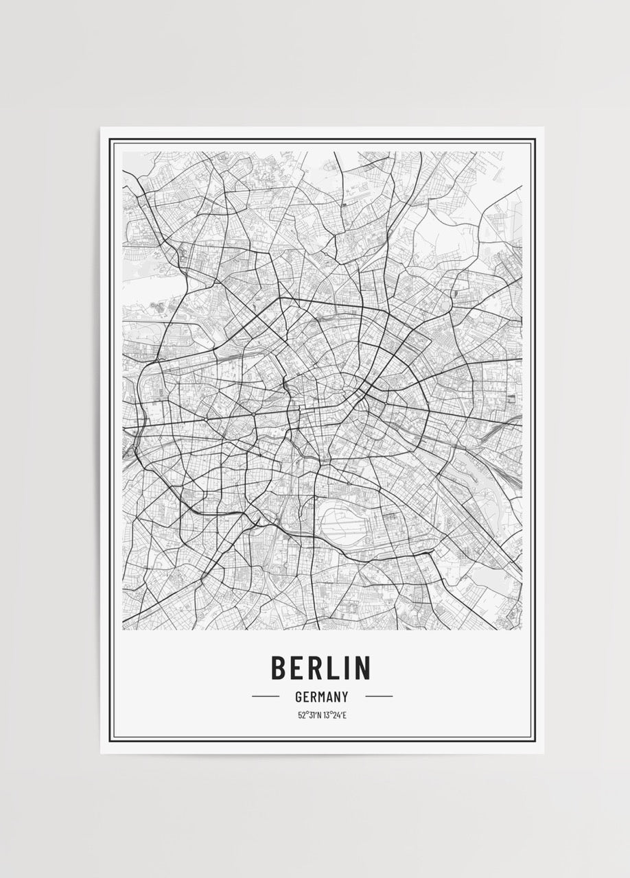 Intricate black and white map of Berlin showcasing city layout.