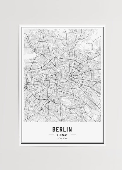 Intricate black and white map of Berlin showcasing city layout.