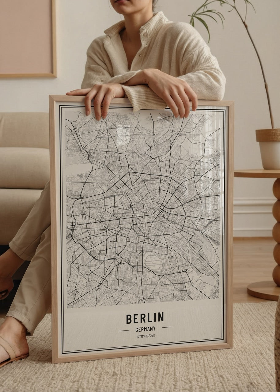 Intricate black and white map of Berlin showcasing city layout.