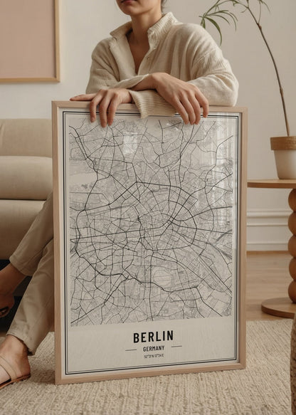 Intricate black and white map of Berlin showcasing city layout.