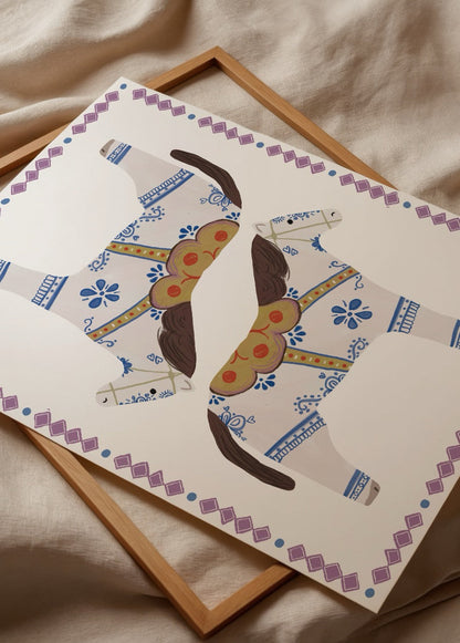 A whimsical white carousel horse print featuring colourful detailing and a playful design.