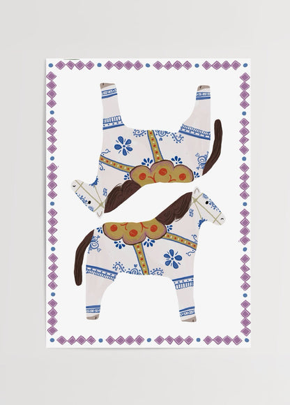 A whimsical white carousel horse print featuring colourful detailing and a playful design.