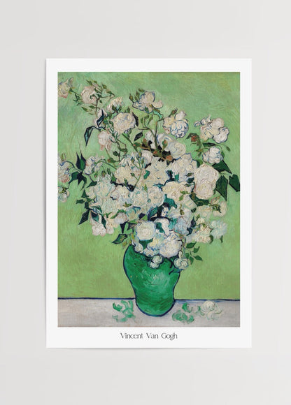 Art print of white flowers in a green vase against a green background.