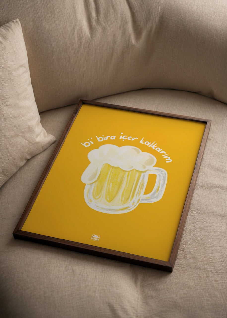 A vibrant illustration of a beer mug with foam on a yellow background.