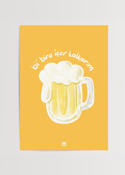 A vibrant illustration of a beer mug with foam on a yellow background.