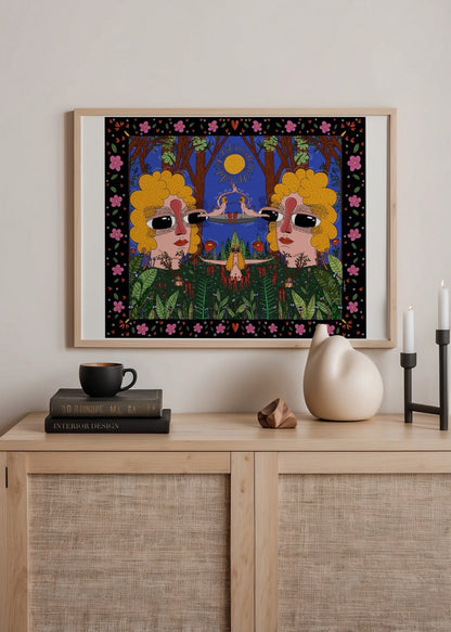 Colourful illustration featuring whimsical characters and nature elements.