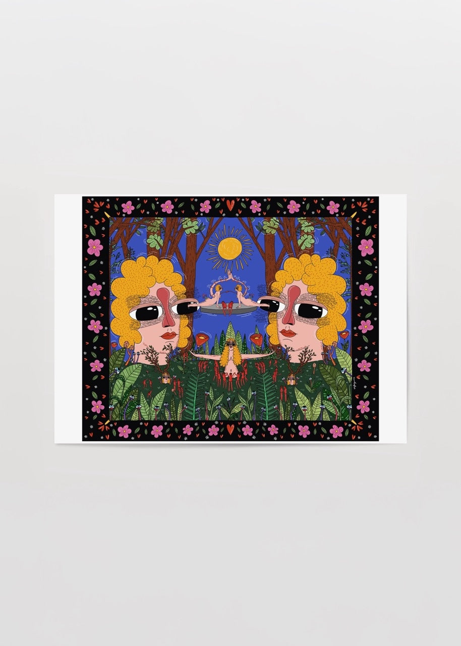 Colourful illustration featuring whimsical characters and nature elements.