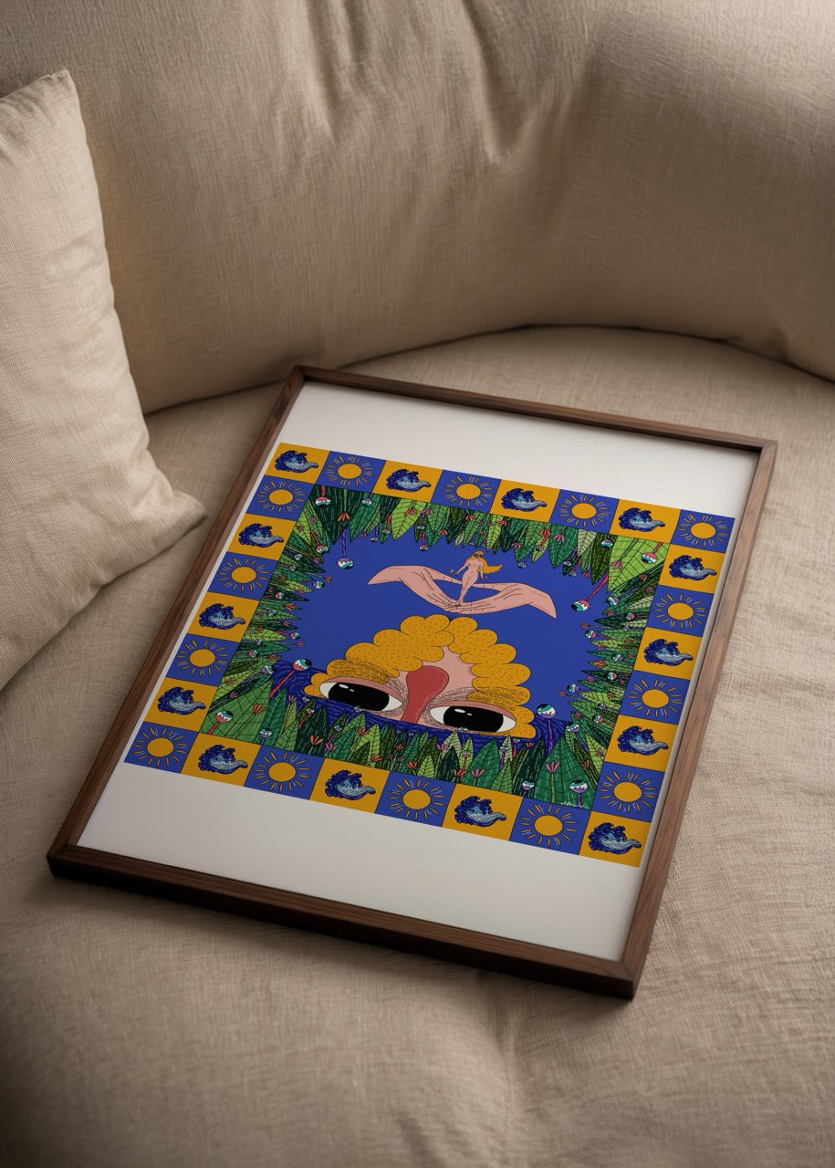 Colourful illustration poster featuring ocean elements and vibrant patterns.