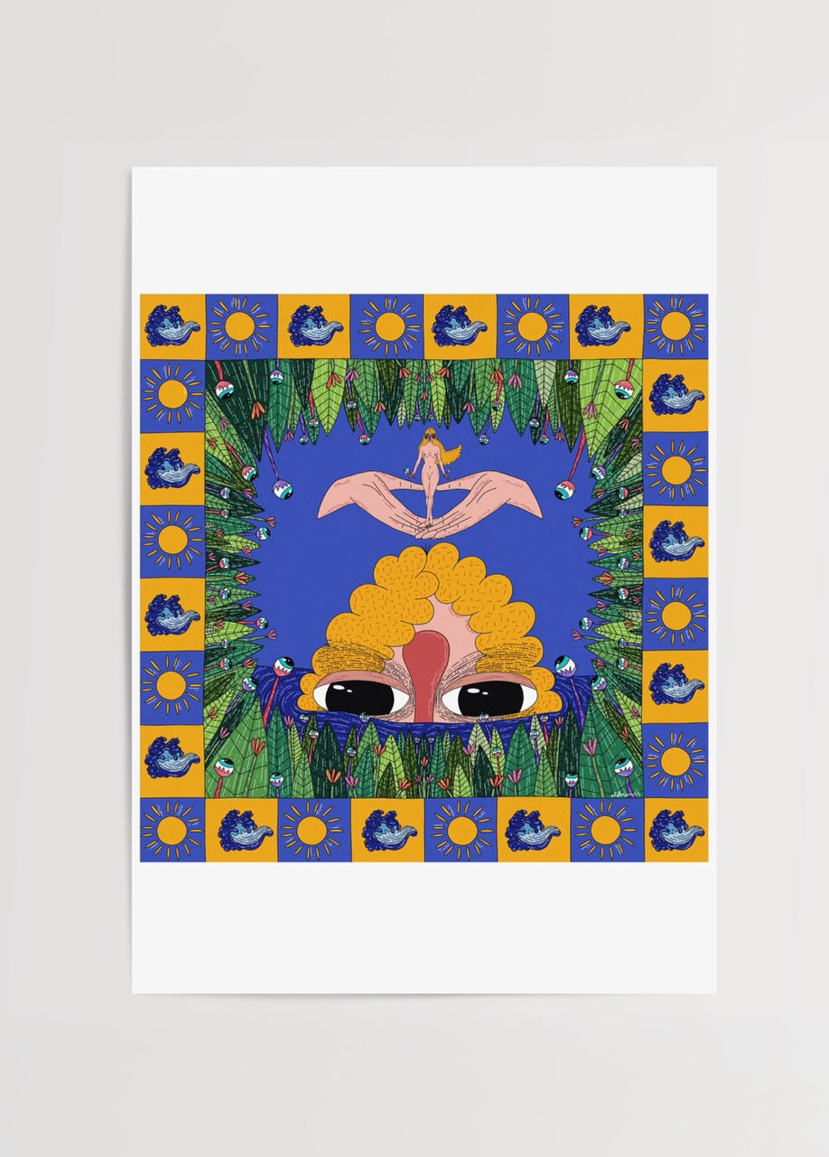 Colourful illustration poster featuring ocean elements and vibrant patterns.