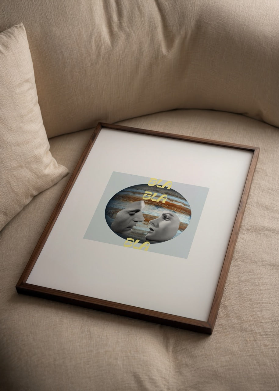 Bla Bla Poster Printing featuring abstract faces and bold typography on a textured background.