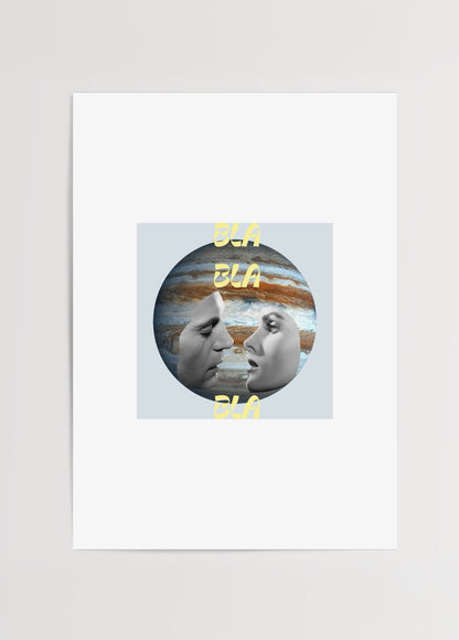 Bla Bla Poster Printing featuring abstract faces and bold typography on a textured background.