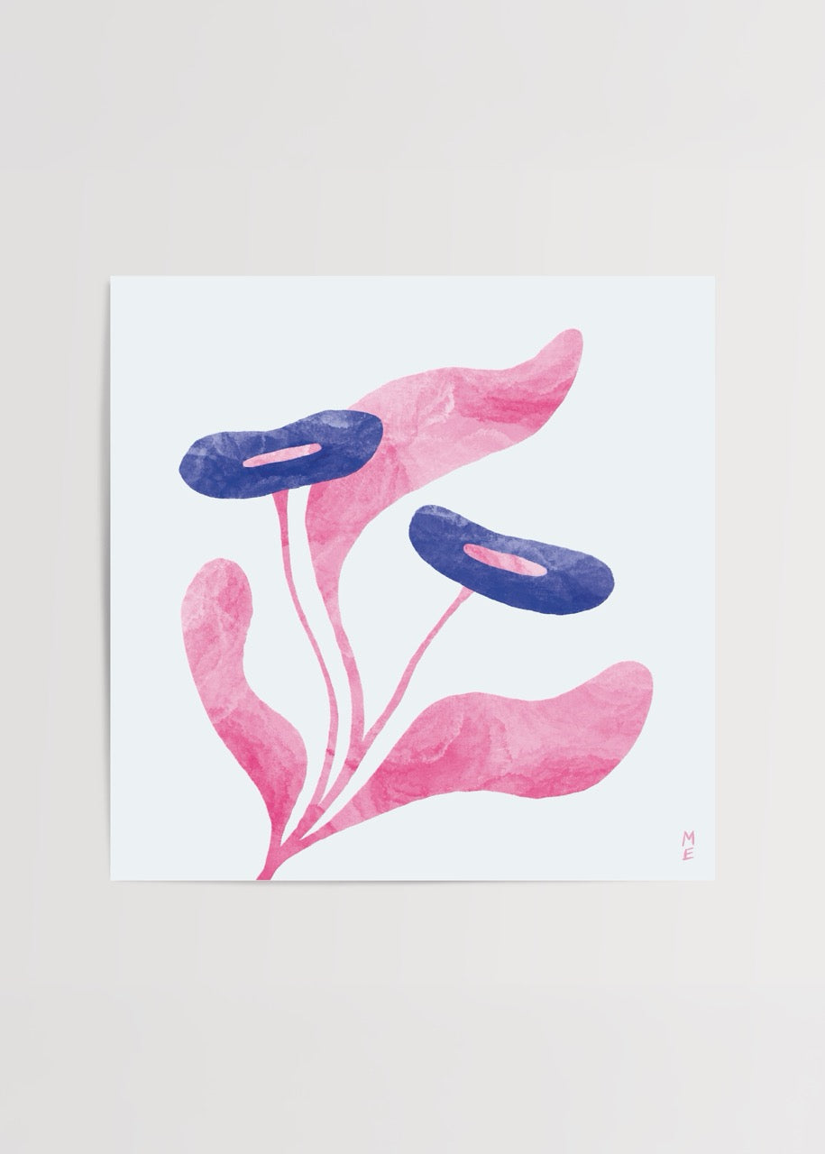 Blossom No. 2 Poster Print featuring vibrant pink and navy flowers.
