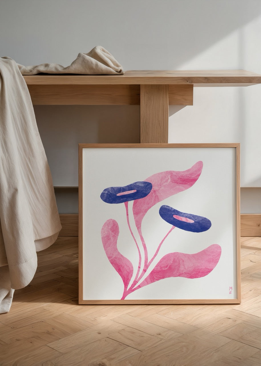Blossom No. 2 Poster Print featuring vibrant pink and navy flowers.