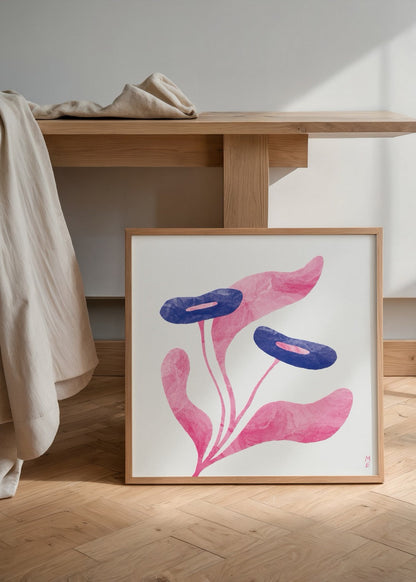 Blossom No. 2 Poster Print featuring vibrant pink and navy flowers.