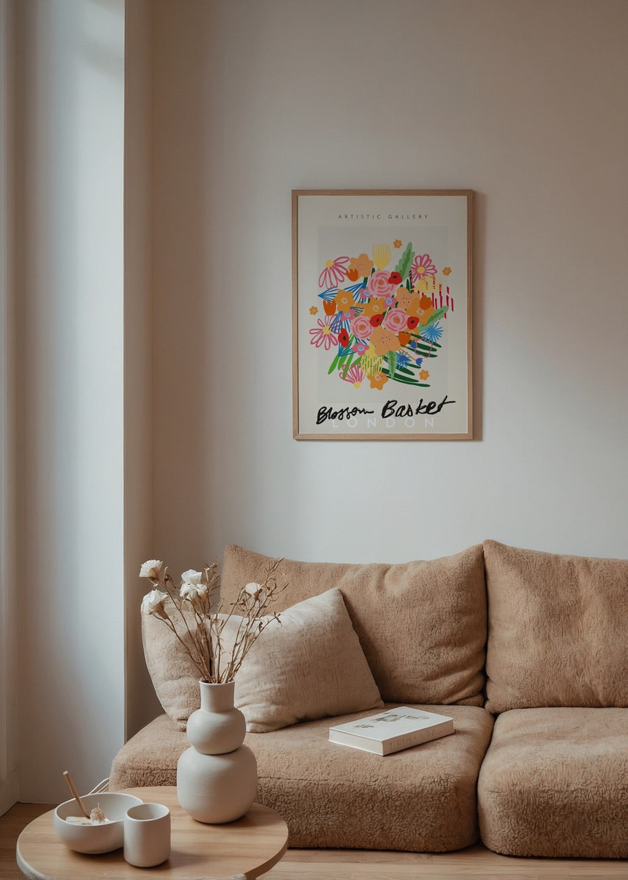 Vibrant floral art print featuring a mix of blooms in bright colours, perfect for modern interiors.