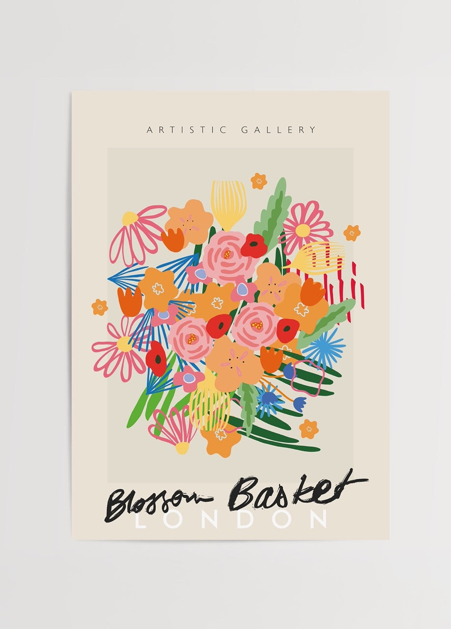 Vibrant floral art print featuring a mix of blooms in bright colours, perfect for modern interiors.