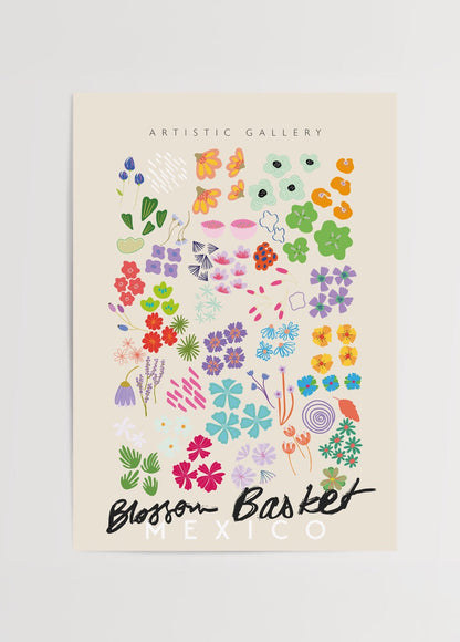 A vibrant floral illustration poster inspired by Mexican blossoms.
