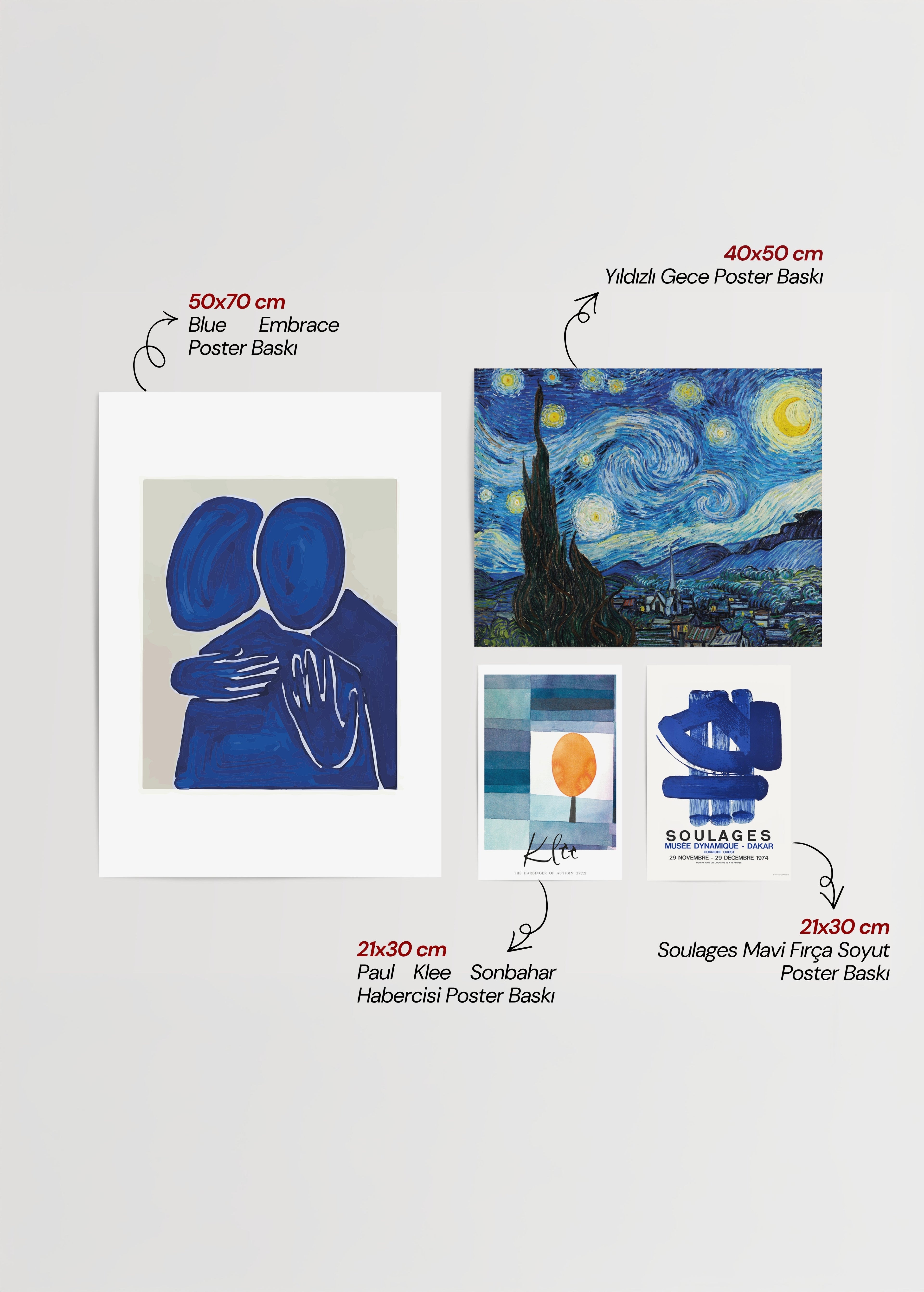 A collection of blue-themed wall art including abstract figures and landscapes.