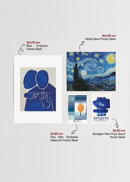 A collection of blue-themed wall art including abstract figures and landscapes.
