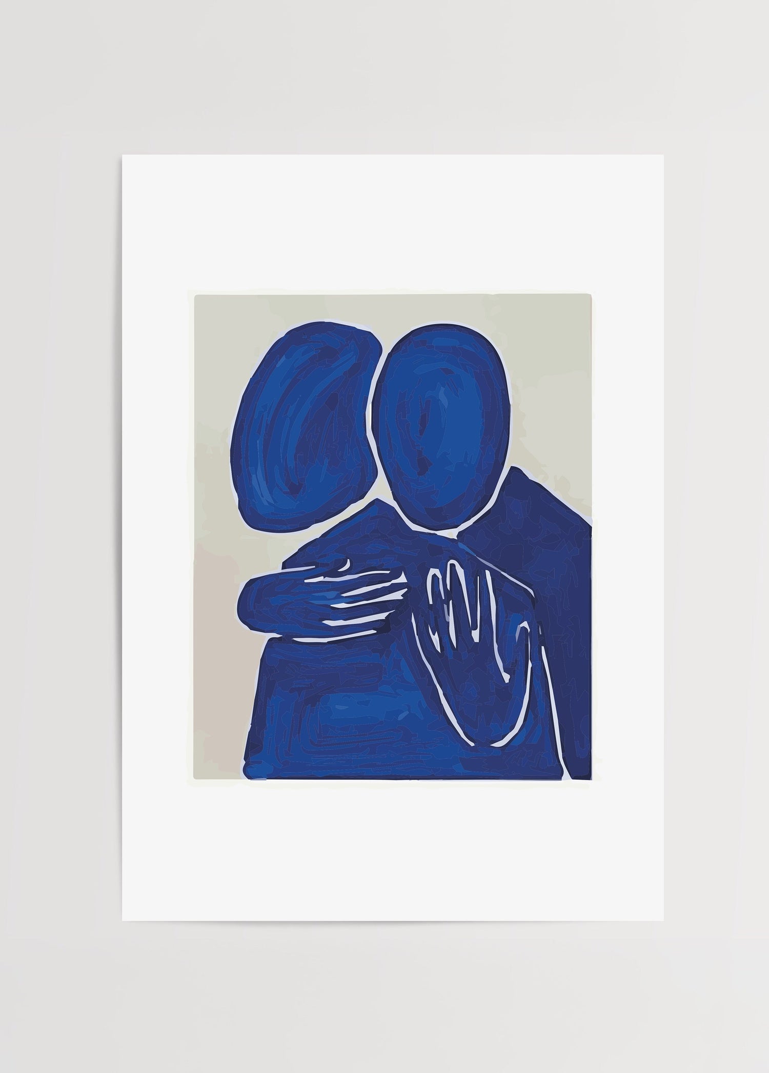 A minimalist artwork depicting two figures embracing in deep blue tones.