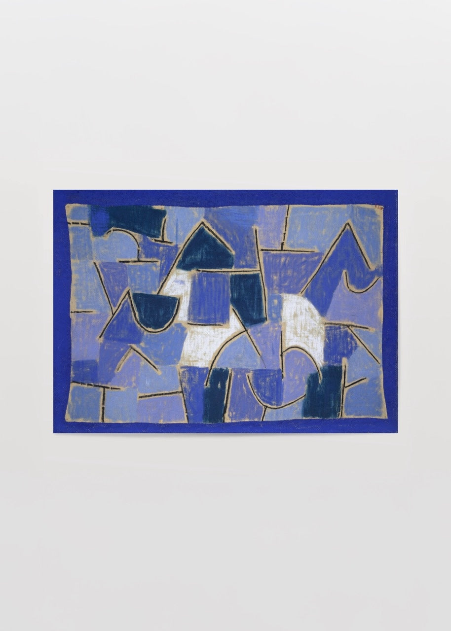 A vibrant blue geometric abstraction poster featuring dynamic shapes.