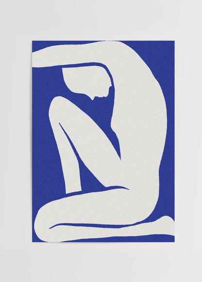 A striking blue silhouette of a figure in a relaxed pose.