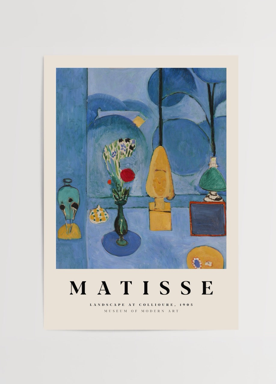 Vibrant still life art print featuring a blue studio scene.