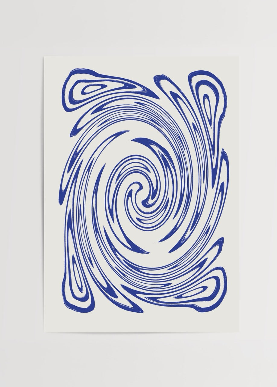 Dynamic blue swirl abstract art print on white background