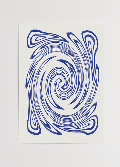 Dynamic blue swirl abstract art print on white background