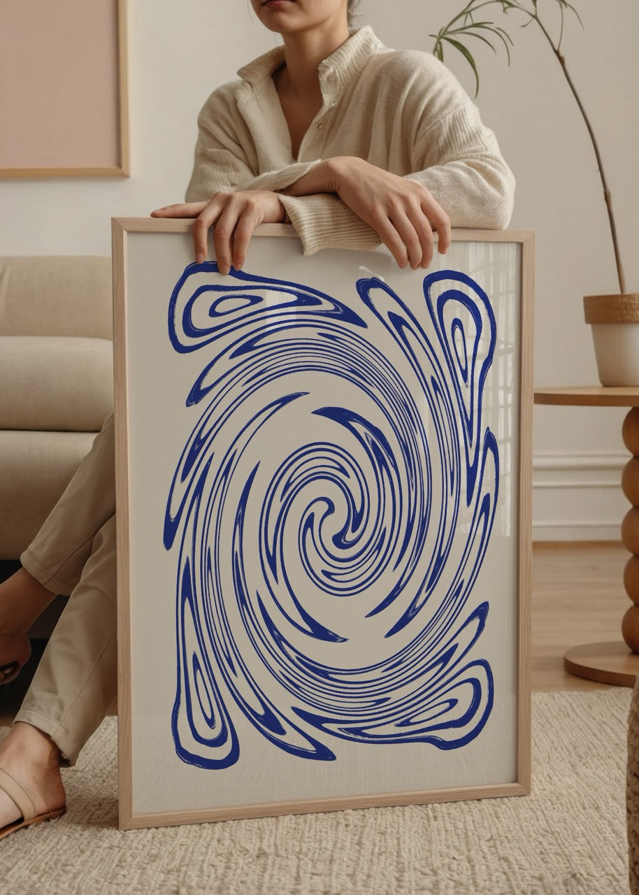 Dynamic blue swirl abstract art print on white background