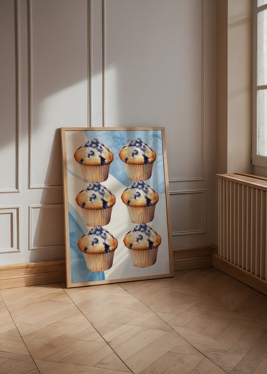 Blueberry Muffin Pattern Poster Print featuring vibrant muffins on a pastel background.