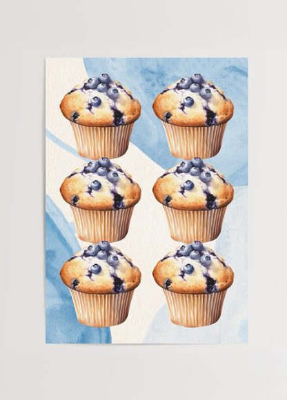 Blueberry Muffin Pattern Poster Print featuring vibrant muffins on a pastel background.