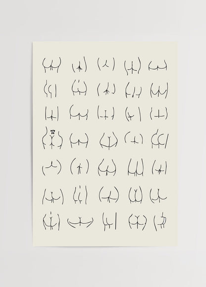 Minimalist line drawings of abstract human body forms.