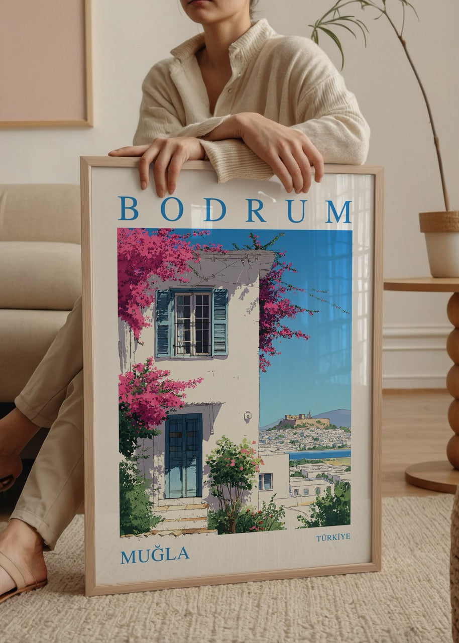 Vibrant Bodrum, Muğla poster featuring charming architecture and blooms.